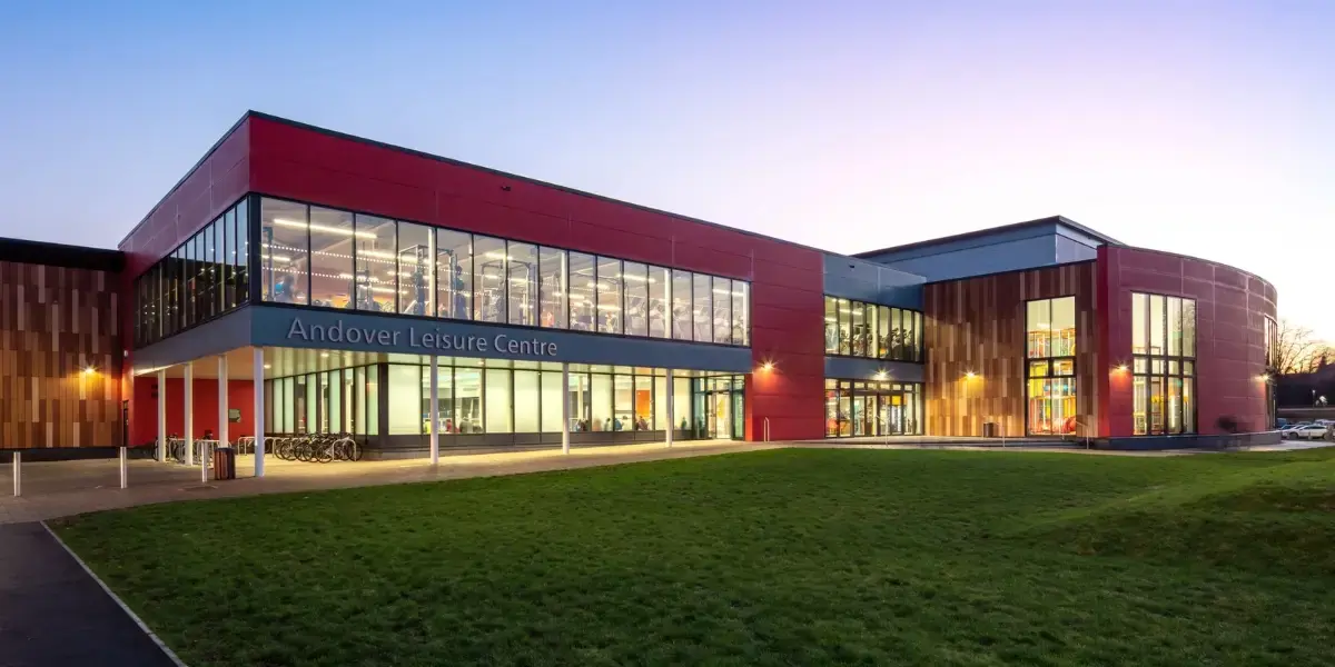 Exterior shot of Andover Leisure Centre at dusk